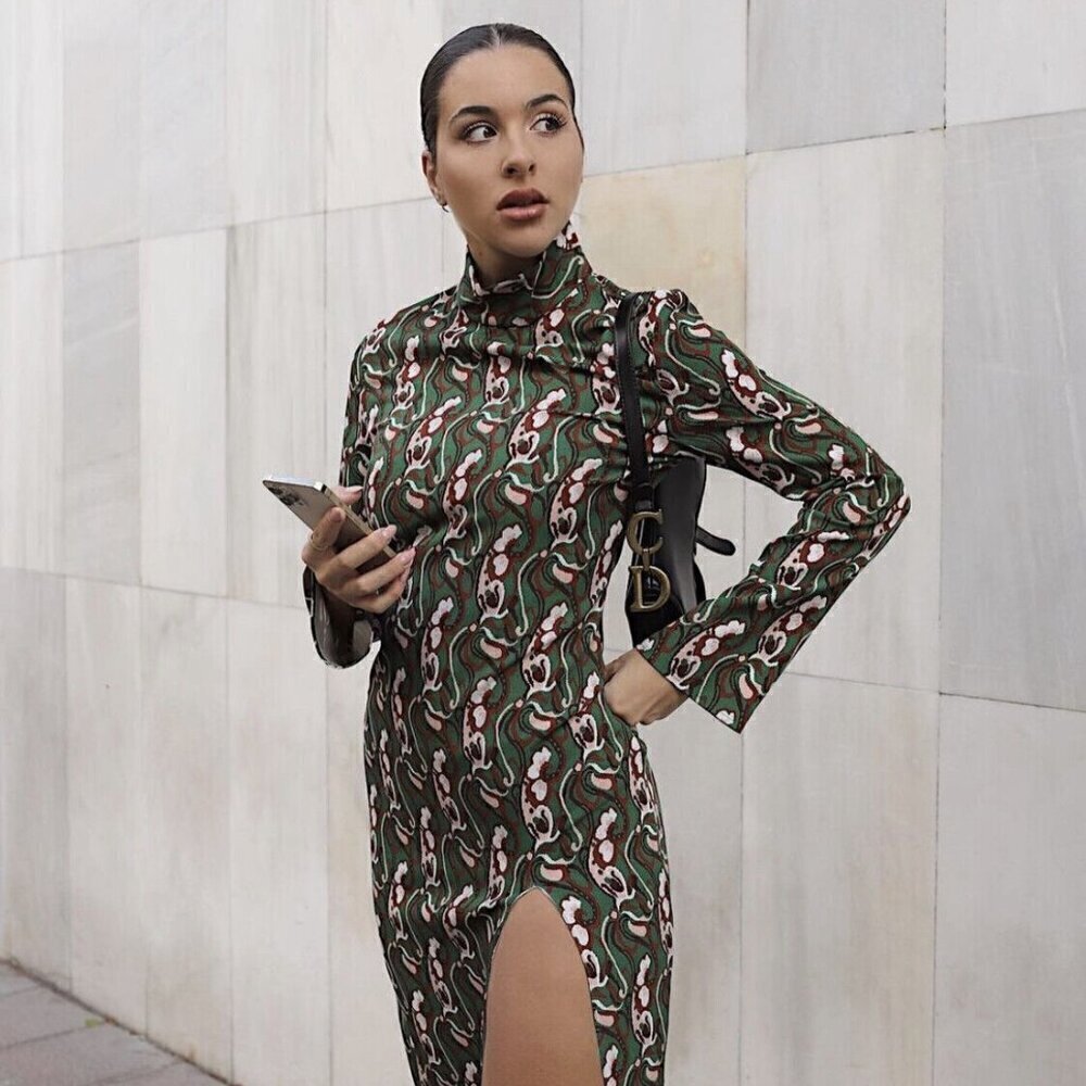 Zara Blogger Fave Paisly Print Green Brown Midi Dress Sz S